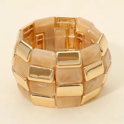 Fashnzfab Bold Geometric Resin Metal Beaded Wide Stretch Bracelet In Gold