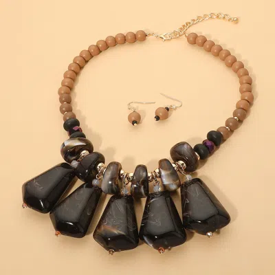 Fashnzfab Bold Geometric Resin Pebble Beaded Statement Necklace In Black