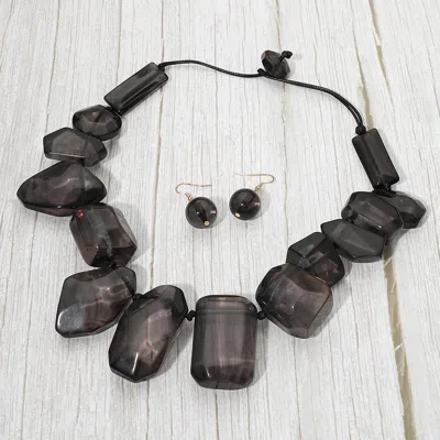 Fashnzfab Bold Geometric Resin Pebble Link Statement Necklace In Black