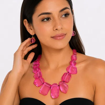 Fashnzfab Bold Geometric Resin Pebble Link Statement Necklace In Pink