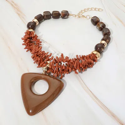 Fashnzfab Bold Geometric Resin Triangle Pendant Beaded Statement Necklace In Brown