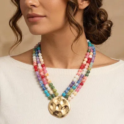 Fashnzfab Bold Hammered Disc Accent Layered Beaded Necklace In Blue