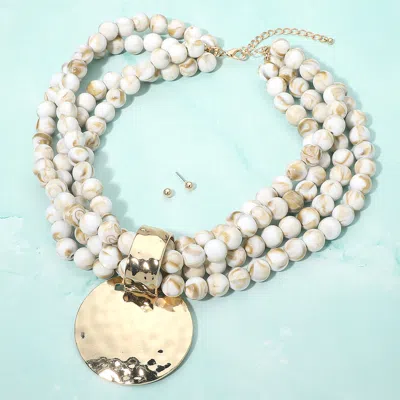 Fashnzfab Bold Hammered Disc Plate Pendant Accent Multi Strand Beaded Statement Necklace