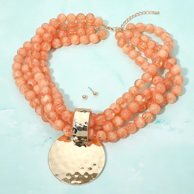 Fashnzfab Bold Hammered Disc Plate Pendant Accent Multi Strand Beaded Statement Necklace In Orange