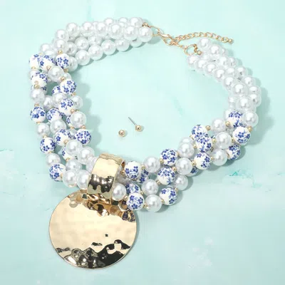 Fashnzfab Bold Hammered Disc Plate Pendant Accent Multi Strand Pearl Floral Ceramic Ball Beaded Statement Neck In Silver