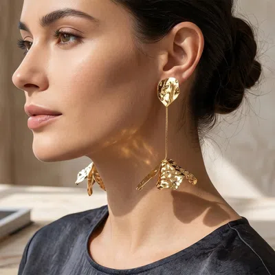 Fashnzfab Bold Hammered Metal Abstract Petal Drop Statement Earrings In Gold