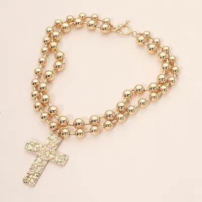 Fashnzfab Bold Hammered Metal Cross Pendant Beaded Layered Necklace In Silver