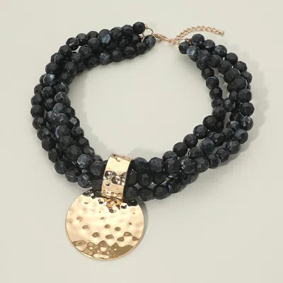 Fashnzfab Bold Hammered Metal Disc Accent Chunky Beaded Multi Strand Statement Necklace In Black