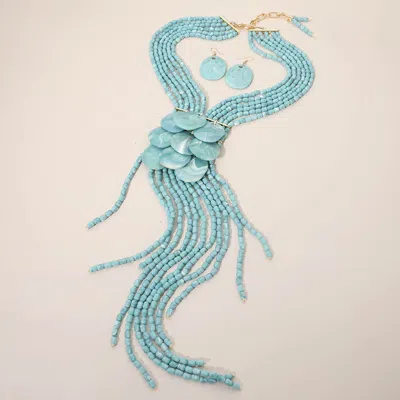 Fashnzfab Bold Layered Fringe Beaded Statement Necklace In Blue