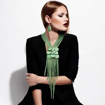 Fashnzfab Bold Layered Fringe Beaded Statement Necklace In Green