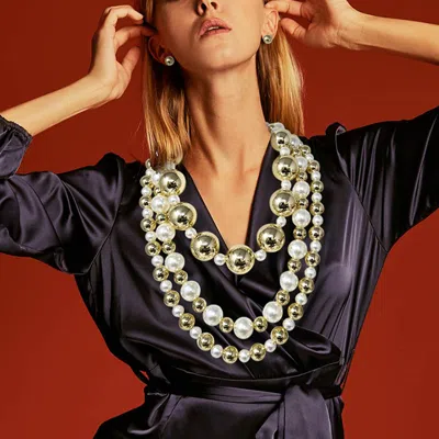 Fashnzfab Bold Layered Pearl Metal Ball Beaded Statement Necklace 19.5" + 3" L In Multi