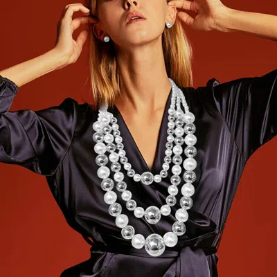 Fashnzfab Bold Layered Pearl Metal Ball Beaded Statement Necklace In Multi