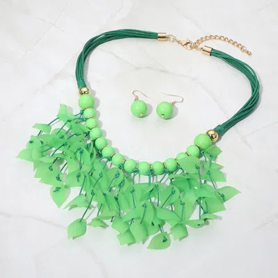 Fashnzfab Bold Leaf Fringe Embellished Multi Cord Statement Necklace In Green
