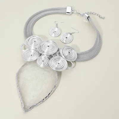 Fashnzfab Bold Leaf Wire Spiral Embellished Pendant Accent Mesh Collar Statement Necklace In Metallic