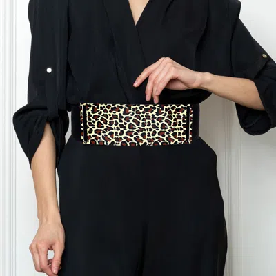 Fashnzfab Bold Leopard Metal Plate Elastic Belt In Black