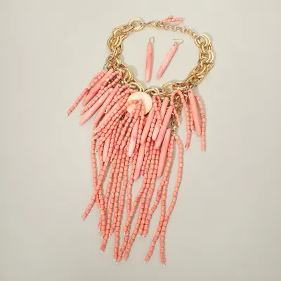 Fashnzfab Bold Marbled Bar Multi Strand Beaded Fringe Statement Necklace In Neutral