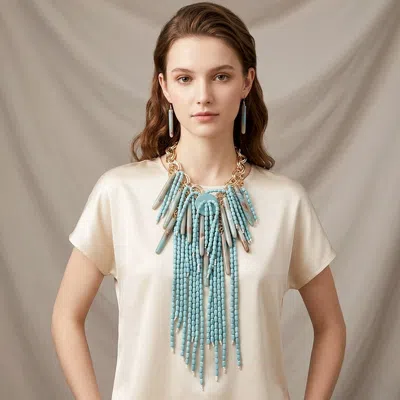 Fashnzfab Bold Marbled Bar Multi Strand Beaded Fringe Statement Necklace In Purple
