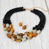 Fashnzfab Bold Marbled Pebble Beaded Triple Layered Statement Necklace - Brown, Gold, Multi In Black