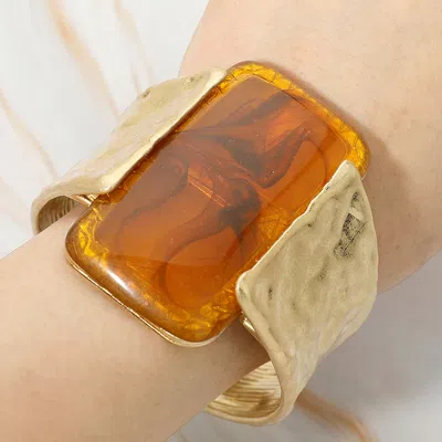 Fashnzfab Bold Marbled Rectangular Resin Accent Hinged Statement Bangle Bracelet In Gold
