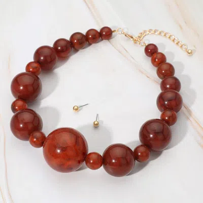Fashnzfab Bold Marbled Resin Ball Beaded Statement Necklace - Brown
