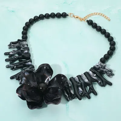 Fashnzfab Bold Marbled Resin Flower Centerpiece Sculpted Coral Beaded Statement Necklace - Black