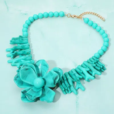 Fashnzfab Bold Marbled Resin Flower Centerpiece Sculpted Coral Beaded Statement Necklace - Turquoise In Blue