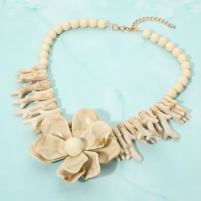 Fashnzfab Bold Marbled Resin Flower Centerpiece Sculpted Coral Beaded Statement Necklace - Beige In Blue