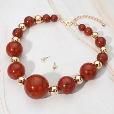 Fashnzfab Bold Marbled Resin Metal Ball Beaded Statement Necklace - Brown, Gold In Red
