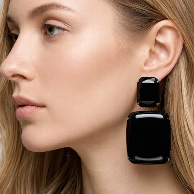 Fashnzfab Bold Marbled Resin Rectangle Drop Statement Earrings In Black