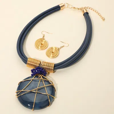 Fashnzfab Bold Marbled Resin Round Pendant Accent Faux Leather Triple Layered Statement Necklace - Gold, Royal In Blue