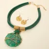 Fashnzfab Bold Marbled Resin Round Pendant Accent Faux Leather Triple Layered Statement Necklace In Green
