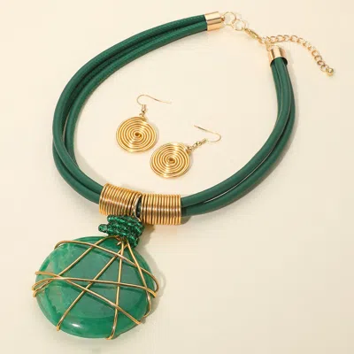 Fashnzfab Bold Marbled Resin Round Pendant Accent Faux Leather Triple Layered Statement Necklace In Green
