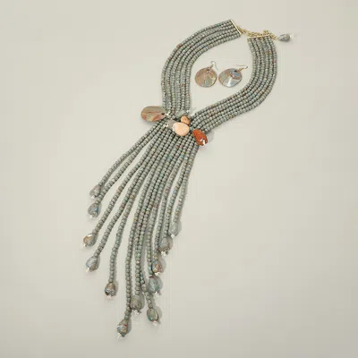 Fashnzfab Bold Marbled Stones Accent Multi Strand Beaded Tassel Drop Statement Necklace