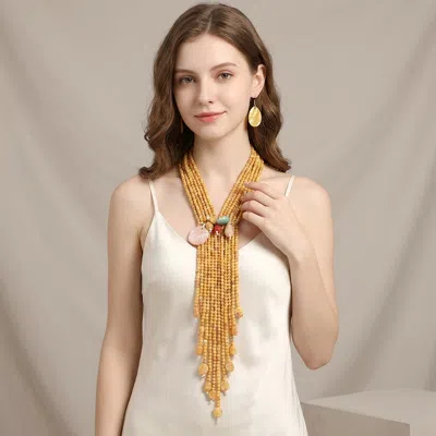 Fashnzfab Bold Marbled Stones Accent Multi Strand Beaded Tassel Drop Statement Necklace In Brown