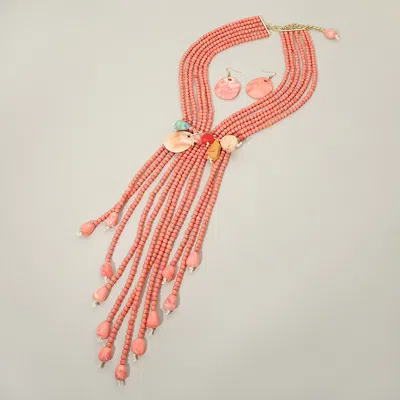 Fashnzfab Bold Marbled Stones Accent Multi Strand Beaded Tassel Drop Statement Necklace In Pink