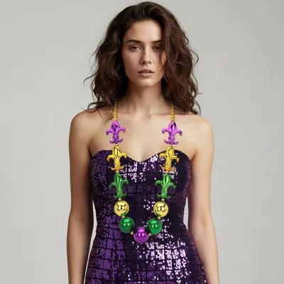 Fashnzfab Bold Mardi Gras Fleur De Lis Bead Statement Necklace In Multi