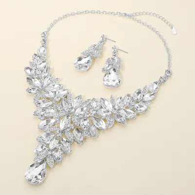 Fashnzfab Bold Marquise Floral Stone Cluster Embellished Evening Statement Necklace In Metallic
