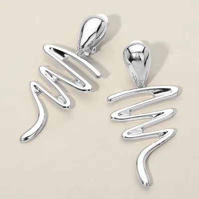 Fashnzfab Bold Metal Abstract Wave Drop Dangle Clip On Earrings In Silver