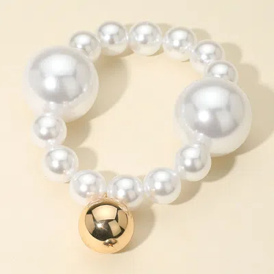 Fashnzfab Bold Metal Ball Charm Pearl Beaded Stretch Bracelet Gold In Silver