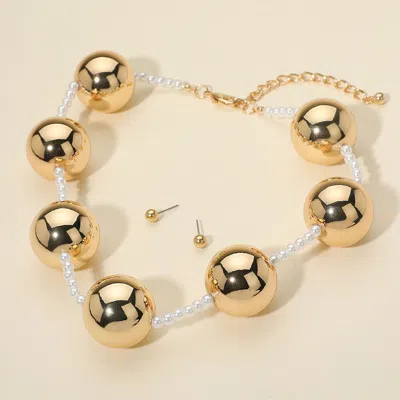 Fashnzfab Bold Metal Ball Pearl Beaded Statement Necklace In Gold