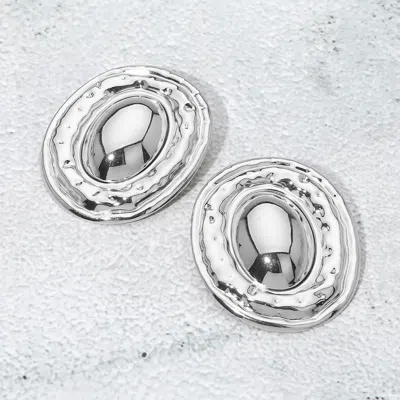 Fashnzfab Bold Metal Enter Dome Oval Statement Earrings Rhodium In Metallic