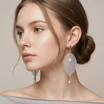 Fashnzfab Bold Metal Filigree Leaf Pearl Drop Statement Earrings In Multi