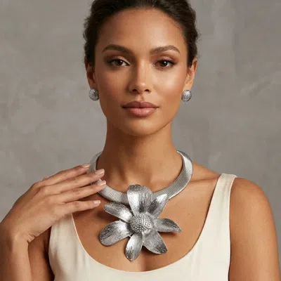 Fashnzfab Bold Metal Flower Accent Statement Necklace In Multi