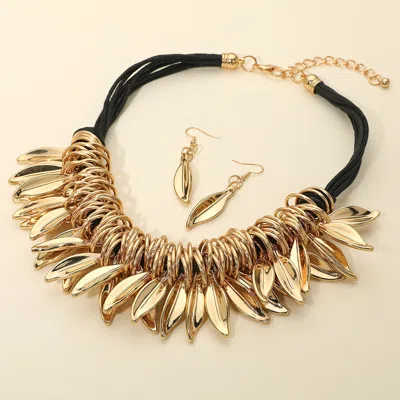 Fashnzfab Bold Metal Leaf Charm Embellished Chunky Statement Necklace In Gold