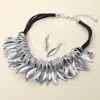 Fashnzfab Bold Metal Leaf Charm Embellished Chunky Statement Necklace In Multi
