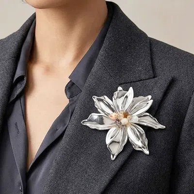 Fashnzfab Bold Metal Petal Floral Statement Pin Brooch In Red