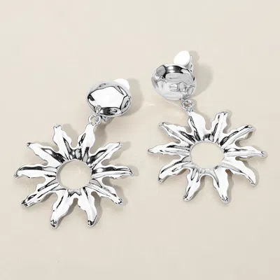 Fashnzfab Bold Metal Sunburst Drop Dangle Statement Clip On Earrings In Silver
