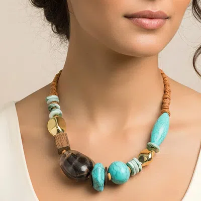 Fashnzfab Bold Mixed Bead Cord Statement Necklace In Blue