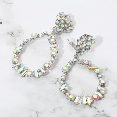 Fashnzfab Bold Mixed Shaped Stone Cluster Embellished Open Teardrop Dangle Evening Clip On Earrings - Ab, Silv In Multi