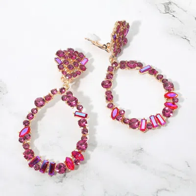 Fashnzfab Bold Mixed Shaped Stone Cluster Embellished Open Teardrop Dangle Evening Clip On Earrings In Pink